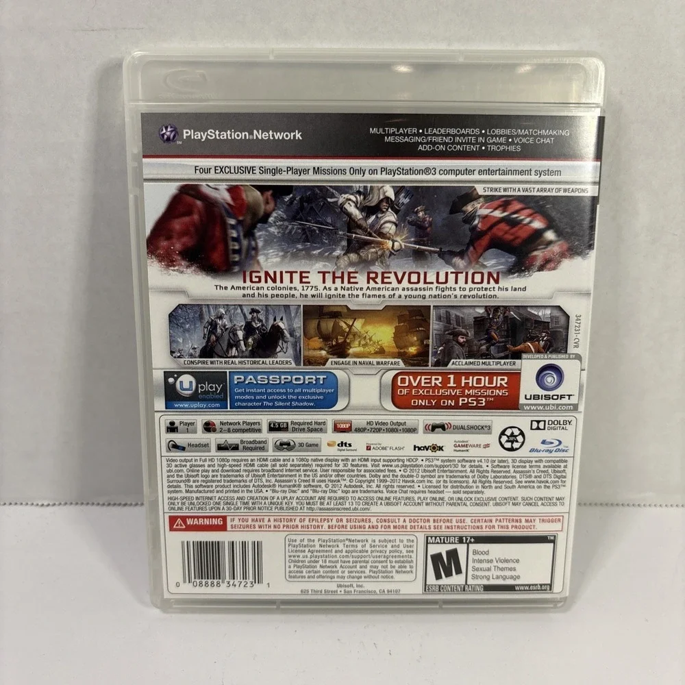 Assassins Creed III Sony PS3 PlayStation 3 Game 4 Exclusive Missions Ubisoft 3D